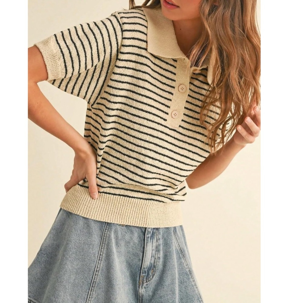 Striped Beige and Black Women's Polo Top - Picture 2 of 4